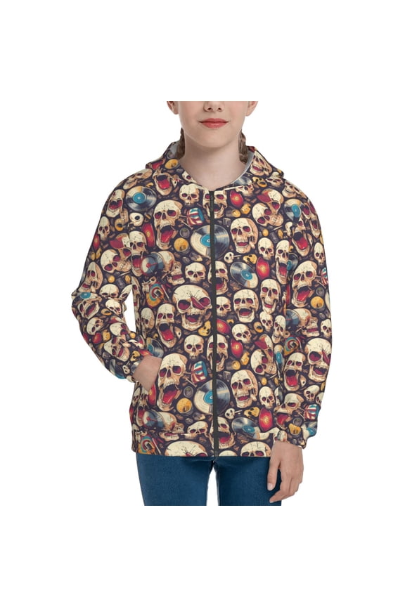 rock record music Skull for Boys Fashion Full-zip Hoodies & Sweatshirts with Kangaroo Pocket,Zip-up Hooded Sweatshirt for Kid, Moisture Wicking & Breathable-Medium