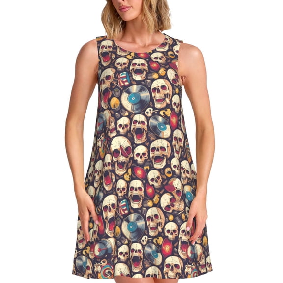 Picia rock record music Skull Print Women’s Sleeveless Midi Swing Dress – A-Line Pleated Tank Sundress, Comfortable and Flowy T-Shirt Dress