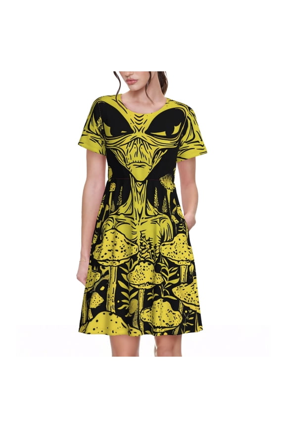 saucerman Mushroom Forest Pattern Women's Short Sleeve Summer Dress Pleated Loose Swing Knee Length Short Sleeve Swing Dresses