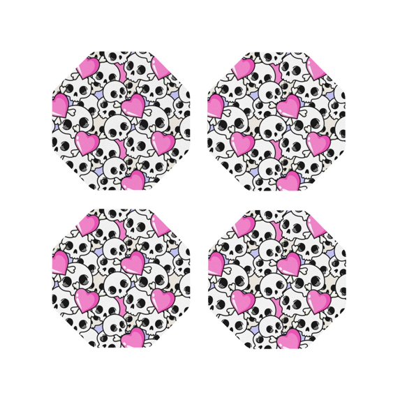 Picia skull with hearts Printed Leather Coasters for Drinks, 4" Drink Coasters Set of 4 for Tabletop Protection, Handmade Luxurious Home Décor and Housewarming Gift-Octagon