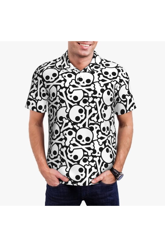 skull pirate Print Men's Polo Shirt, Two-Button Closure Pique Polo Shirt, Summer Fashion Golf Shirt-Medium