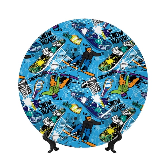 Picia snow board blue Pattern Bone China Decorative Plate – Wall Decor with Stand and Adhesive, Elegant Ornament for Living Room, Office, or Entryway-6in