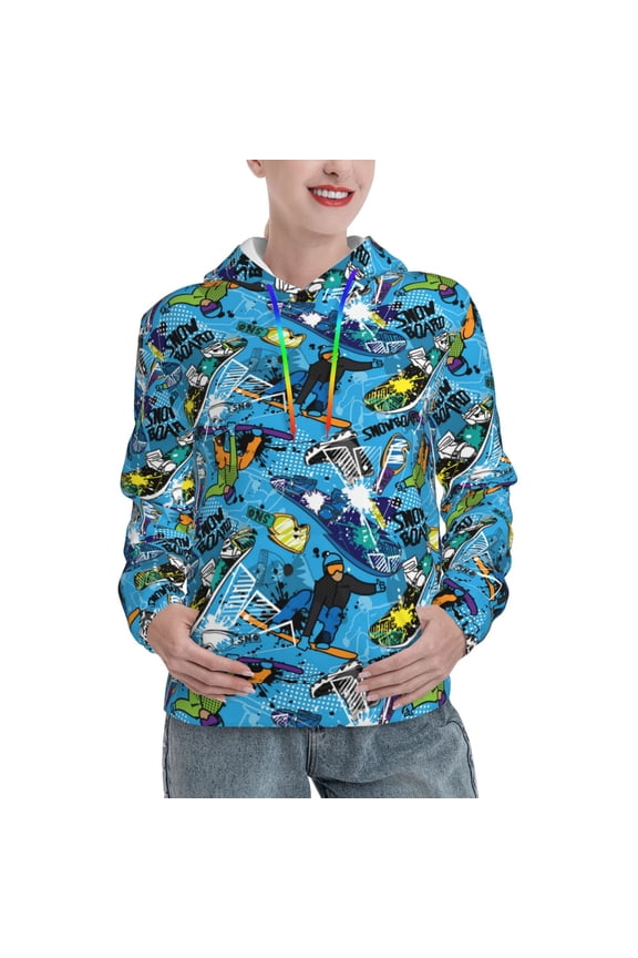 snow board blue Pattern Casual Women's Hoodie, Hooded Sweatshirt with Kangaroo Pocket, Comfortable Pullover with Eye-catching Drawstrings-XX-Large