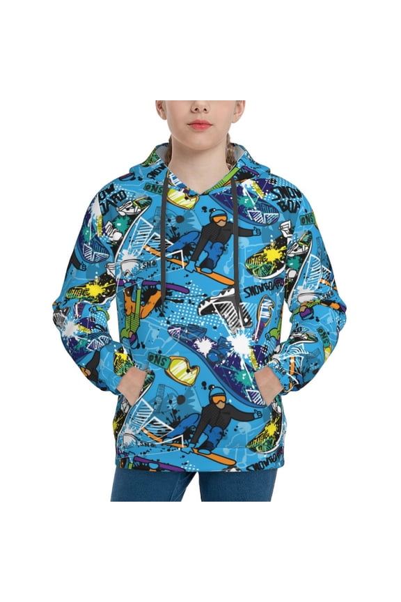 snow board blue Pattern Youth Hoodie - Warm Pullover Sweatshirt with Kangaroo Pocket, Ideal for Boys and Girls-Small