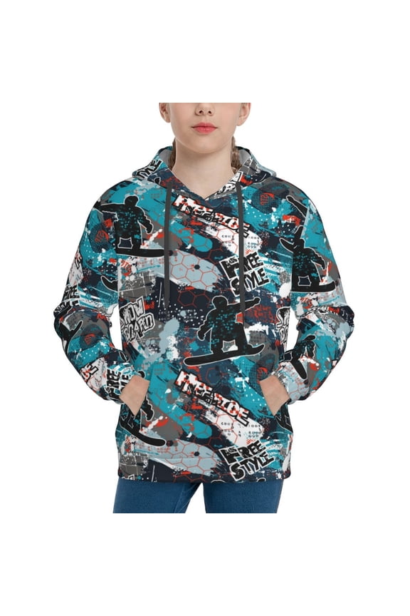 snow board colorful Pattern Youth Hoodie - Warm Pullover Sweatshirt with Kangaroo Pocket, Ideal for Boys and Girls-Small