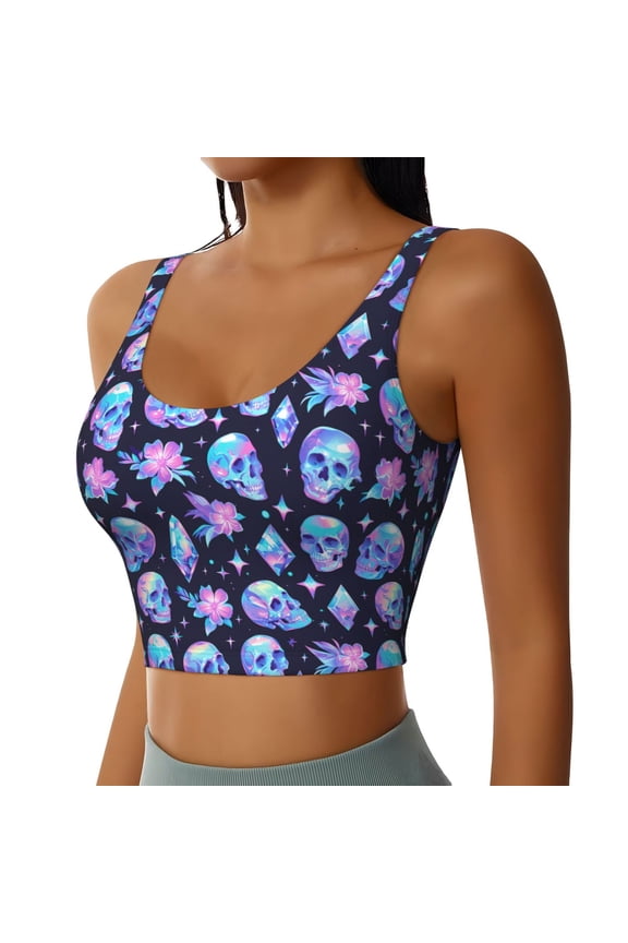 star Skull flower crystal Sports Bra for Women,Padded Strappy Sports Bras Medium Support Yoga Bra with Removable Cups,Running Yoga Bra-Medium