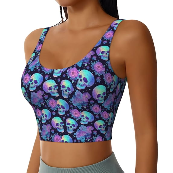 Picia starry sky Skull flower Sports Bra for Women,Padded Strappy Sports Bras Medium Support Yoga Bra with Removable Cups,Running Yoga Bra-Small