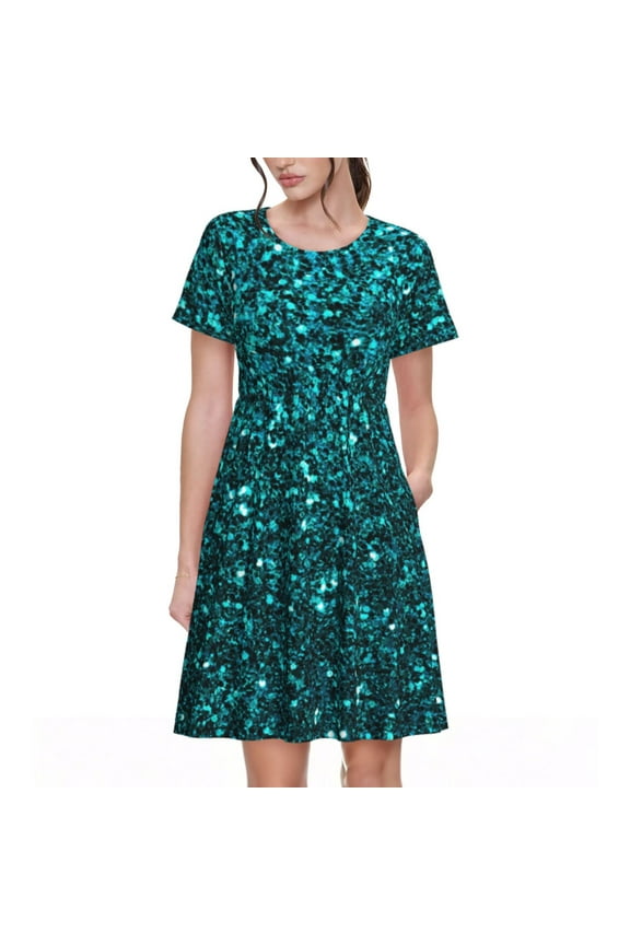 teal sparkling Pattern Women's Short Sleeve Summer Dress Pleated Loose Swing Knee Length Short Sleeve Swing Dresses