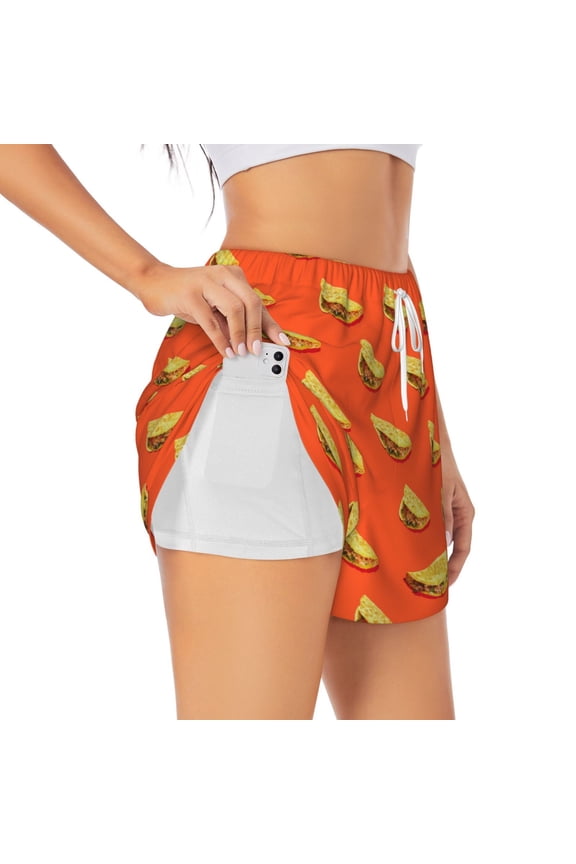 tortilla tacos Pattern Women's 2 in 1 Athletic Running Shorts High Waisted Workout Casual Gym Sweat Shorts with Comfy Liner Zipper Pockets-Large