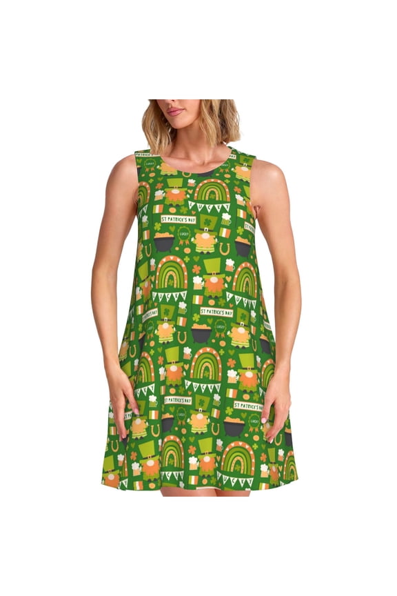 traditional Irish colours Print Women’s Sleeveless Midi Swing Dress – A-Line Pleated Tank Sundress, Comfortable and Flowy T-Shirt Dress