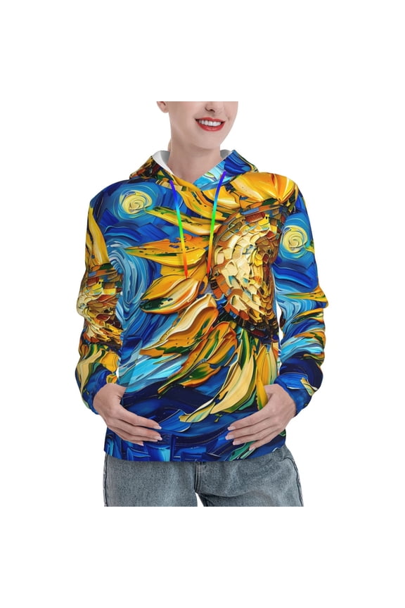 vintage Starry Sunflower Pattern Casual Women's Hoodie, Hooded Sweatshirt with Kangaroo Pocket, Comfortable Pullover with Eye-catching Drawstrings-X-Large