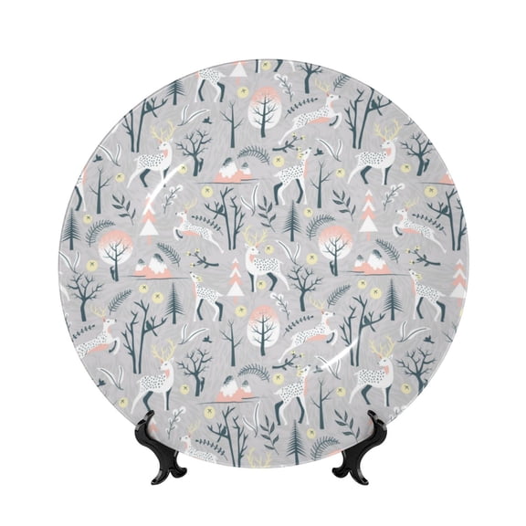 Picia white Moose winter tree Pattern Bone China Decorative Plate – Wall Decor with Stand and Adhesive, Elegant Ornament for Living Room, Office, or Entryway-8in