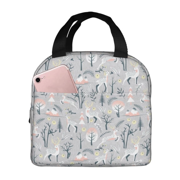 Picia white Moose winter tree Printed Lunch box Lunch bag for Men Women Large Capacity Lunchbox Reusable Lunch Bags Insulated Lunch Bag Lunch Box Cooler