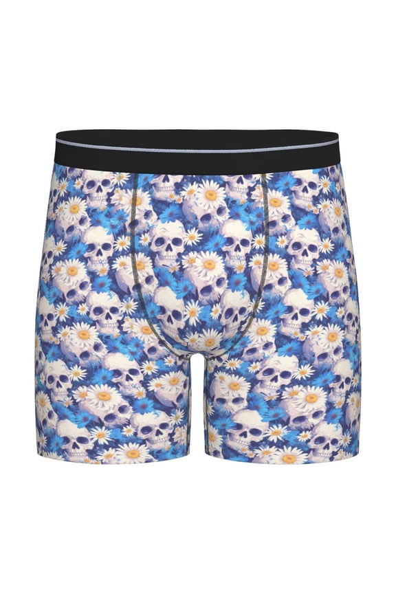white Skull blue daisy Pattern Men's Athletic Long Leg Briefs , Performance Stretch Underwear,Moisture-Wicking