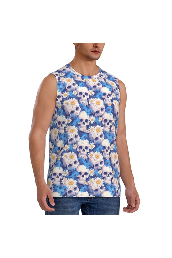 white Skull blue daisy mens Cotton Tank Undershirts , Moisture-wicking Ribbed Tanks, Lightweight Cotton Tank Undershirts-Large