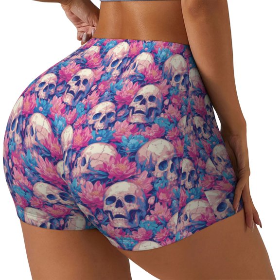 Picia white Skull blue flower Printed Workout Shorts for Women Seamless Scrunch Butt Lifting High Waisted Yoga Gym Booty Running Moisture-wicking Short Pants-Small