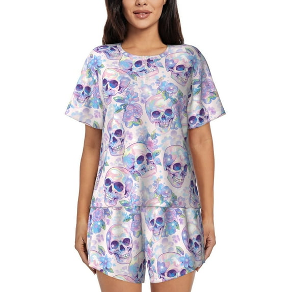 Picia white Skull crystal flower Pajamas Sets for Women Soft Short-Sleeved Pjs with Lounge Shorts Two Piece Sleepwear-Large