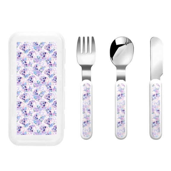 Picia white Skull crystal flower Print Children's Knife, Fork And Spoon Set - Kids Knife Fork Spoon - Stainless Steel Kids Silverware Set - Metal Kids Cutlery Set