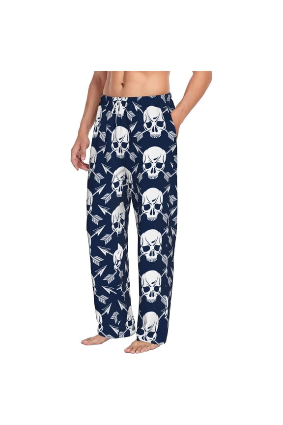 white arrow Skull Mens Soft Woven Cotton Elastic Waistband Sleep Pajama Pant Lounge Sleep Pant With Pockets And Drawstring-Small