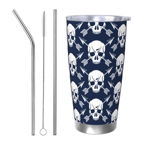Picia white arrow Skull Pattern 20 oz Tumbler Stainless Steel Vacuum Insulated Coffee Ice Cup Double Wall Travel Flask Dual Lid Water Bottle, Eco-friendly Car Cup-Straw Three-piece Set