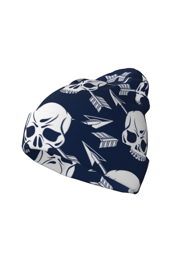 white arrow Skull Pattern Knitted Beanie Hat for Men and Women , Unisex Winter Warm Stretchy Knit Cap Thick Fisherman Beanies Cuffed Plain Skull Caps