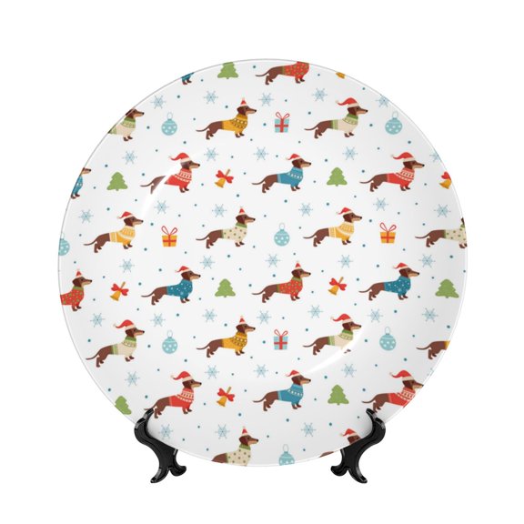 Picia winter Snowflake Dachshund Pattern Bone China Decorative Plate – Wall Decor with Stand and Adhesive, Elegant Ornament for Living Room, Office, or Entryway-6in