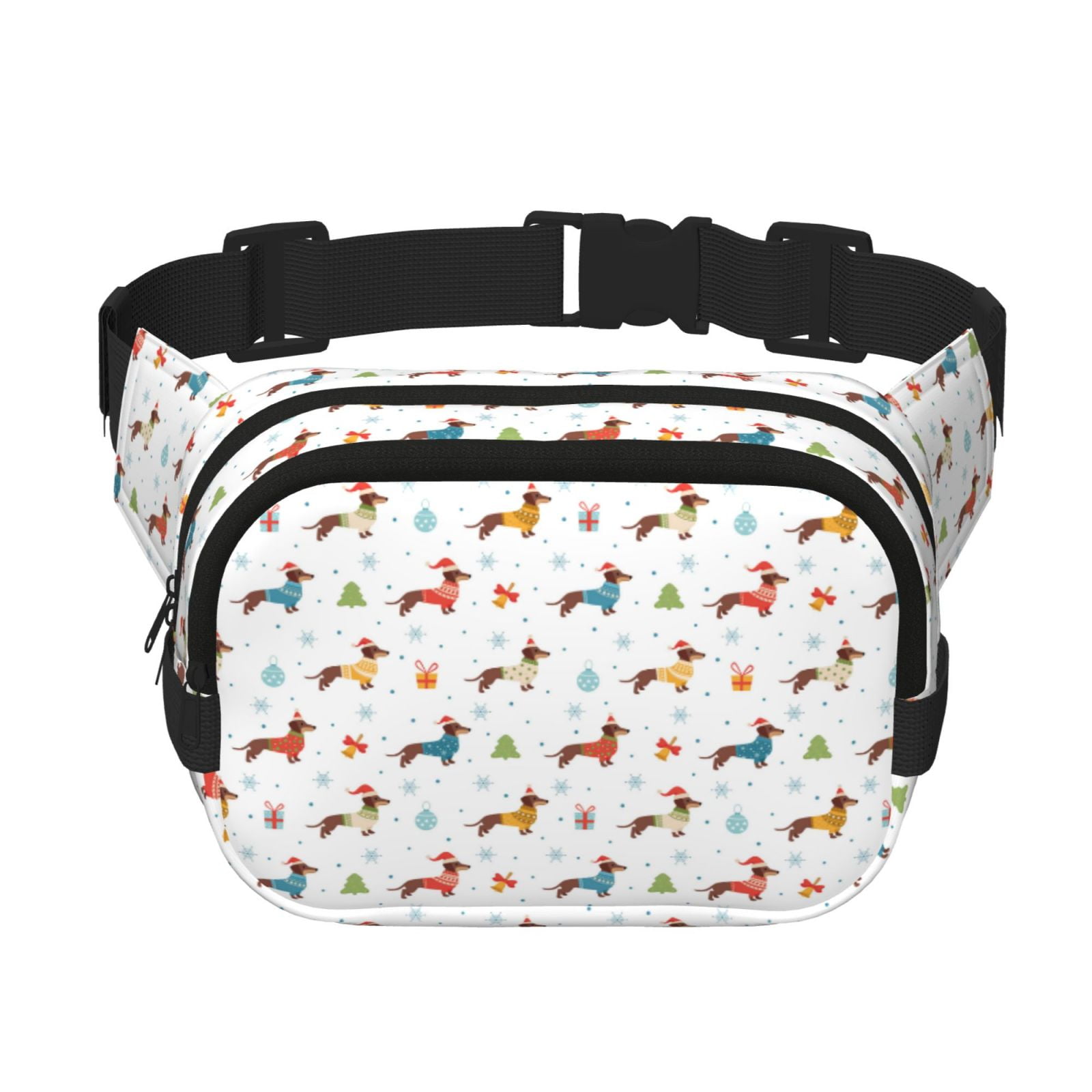 Picia winter Snowflake Dachshund Print Square Double-Layer Waist Bag Mini Adjustable Waist Belt Bag Exercise Running Travel Hiking