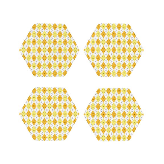 Picia yellow argyle Printed Leather Coasters for Drinks, 4" Drink Coasters Set of 4 for Tabletop Protection, Handmade Luxurious Home Décor and Housewarming Gift-Hexagon