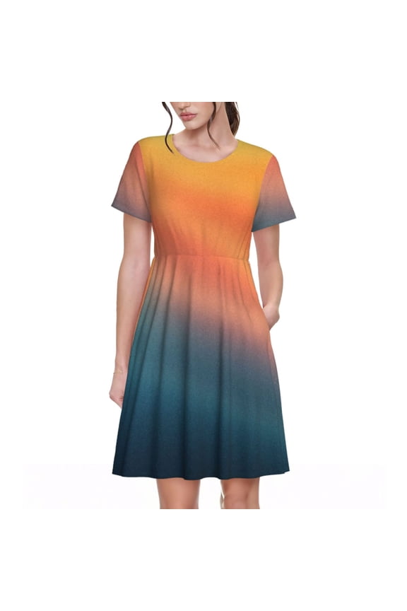 yellow orange and teal Pattern Women's Short Sleeve Summer Dress Pleated Loose Swing Knee Length Short Sleeve Swing Dresses