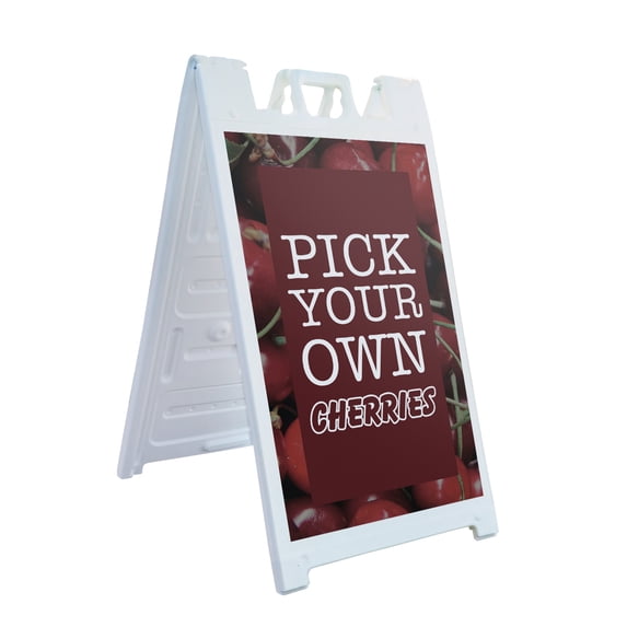 Pick Your Own Cherries 24" x 36" Double Sided A-Frame Sidewalk Sign Includes 2 Installed Decals Foldable Portable White Signicade Sandwich Board Sweet Fruits Orchard Fresh Seasonal