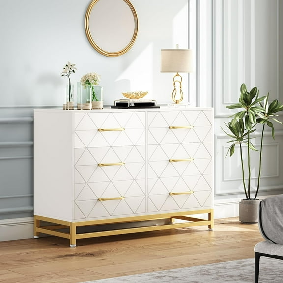 Pick Your Favorites White Chic 6-Drawer Wooden Dresser – Spacious Storage Chest with Metal Handles and Elegant Gold Accents for Bedroom, Living Room, Hallway, and Entryway