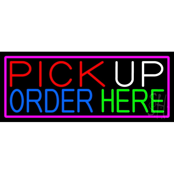 Pick Up Order Here With Pink Border LED Neon Sign 10 x 24 - inches, Clear Edge Cut Acrylic Backing, with Dimmer - Bright and Premium built indoor LED Neon Sign for Bar decor.