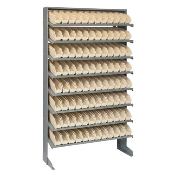 Pick Rack, slopped, single sided, 18"D x 36"W x 60"H, 400 lbs. capacity, includes: (8) shelves and (24) QSB110 ivory bins, galvanized steel