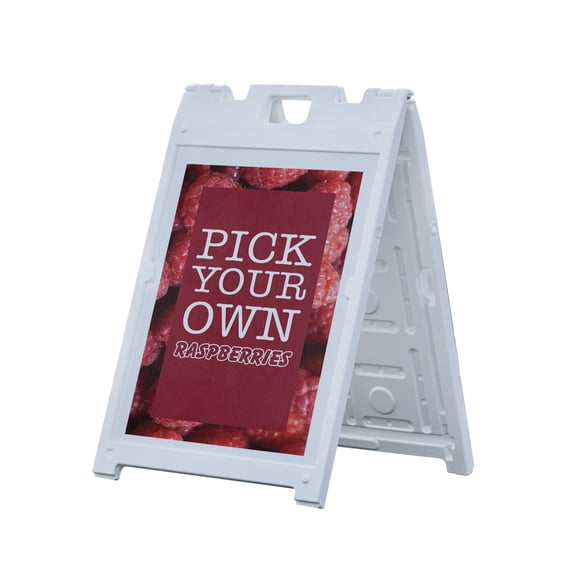 Pick Your Own Raspberries 18" x 24" Double Sided A-Frame Sidewalk Sign Includes 2 Plastic Inserts Foldable Portable White Signicade Sandwich Board Sweet Berries Freshly Harvested