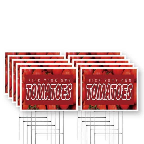 Pick Your Own Tomatoes Yard Sign 10 Pack of 12 Inch x 16 Inch Single Sided Weatherproof Heavy-Duty Plastic with Stake | Juicy Vegetables, Freshly Picked, Seasonal Offers | Made in USA