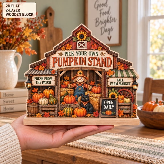 Pick Your Own Pumpkin Stand Wooden Block for Autumn Farmhouse Tabletop Decor