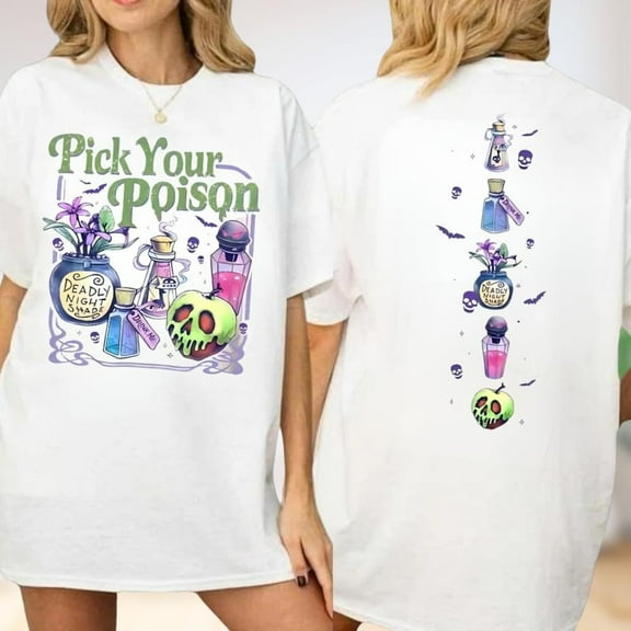 Pick Your Poison 2 Sides Shirt, Princess Halloween Shirt, Villains Cartoon Shirt, Spooky Season Shirt, Retro Halloween Shirt,White Color,Size M