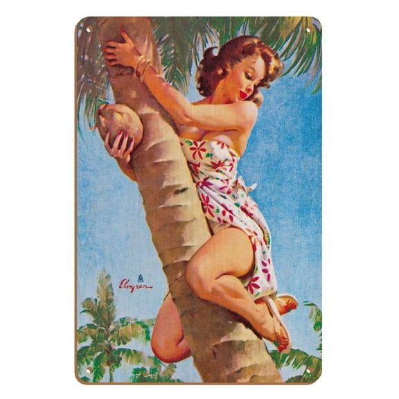 Pick of the Crop - Up a Coconut Tree - Vintage Pin Up Girl Print by Gil Elvgren c.1964 - 8 x 12 inch Vintage Wood Art Sign