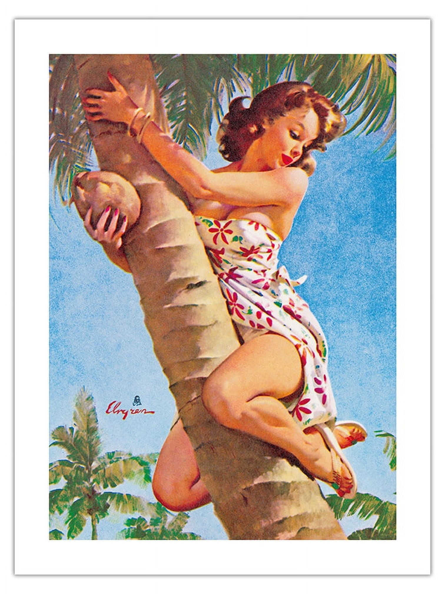 Pick of the Crop - Up a Coconut Tree - Vintage Pin Up Girl Print