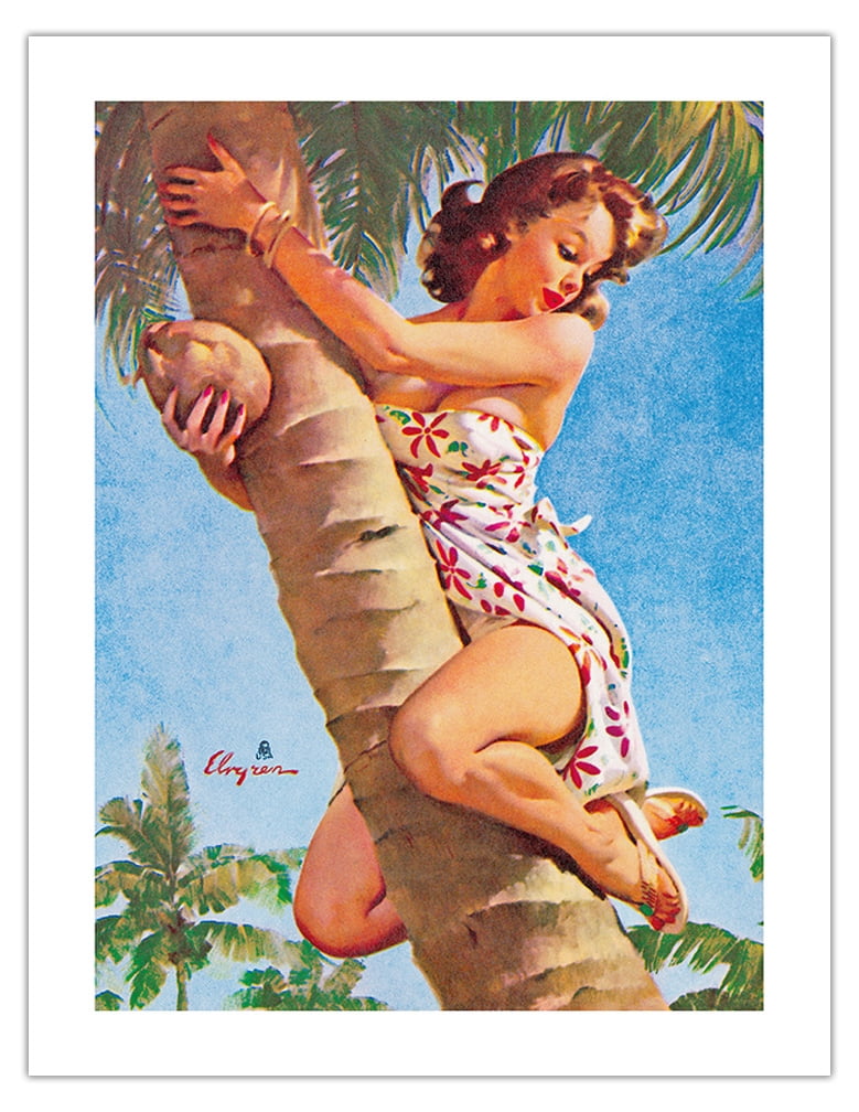 Pick of the Crop - Up a Coconut Tree - Vintage Pin Up Girl Print