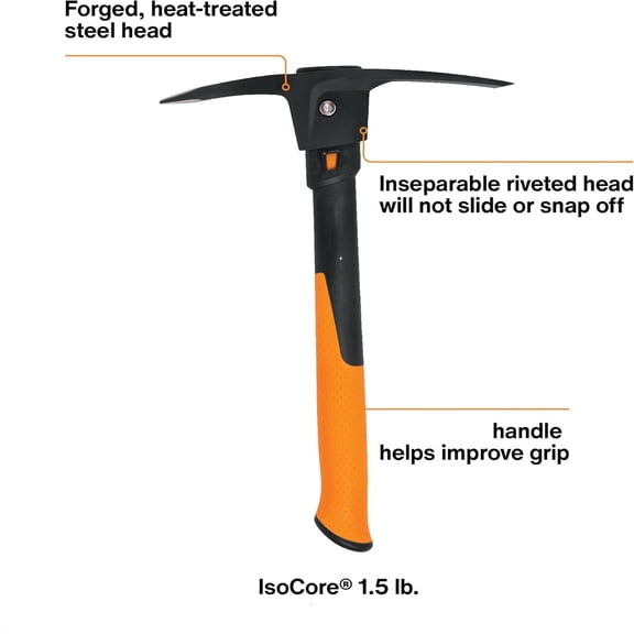 Pickaxe Mattock with Shock-Absorbing Handle, Dual-Head Tool for Roots & Rocks, 1.5 lb