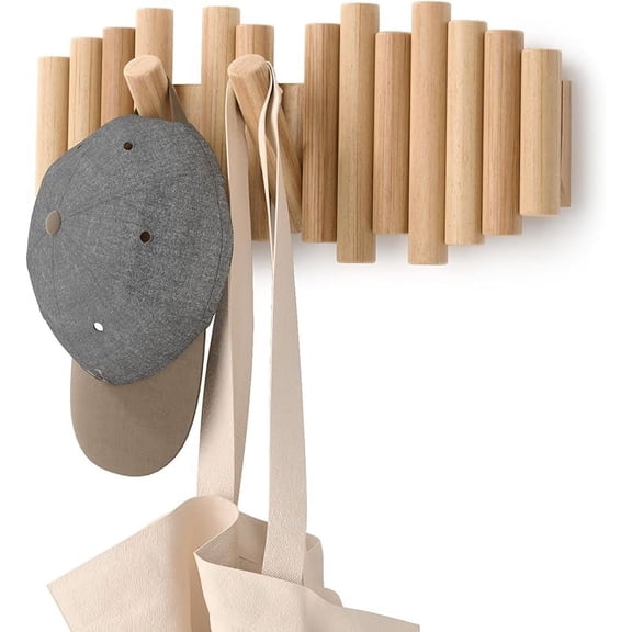 Picket 5 Hooks, Wall-Mounted Rail, Doubles as Art, Beveled Pine Wood Dowels, Natural Finish