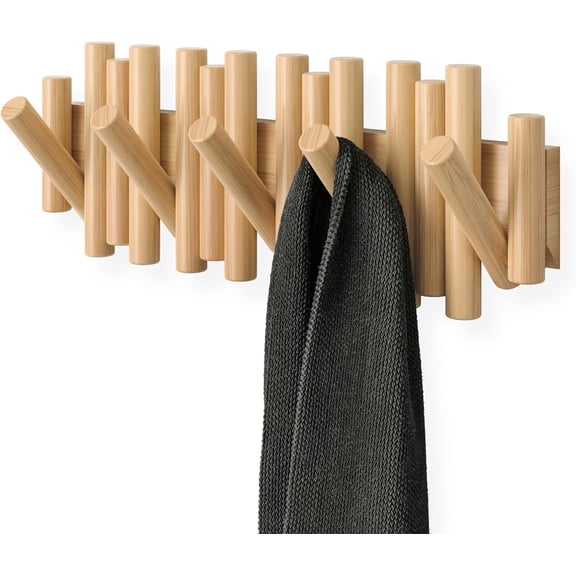 PLERISE Picket Coat Rack Wall Mount – 5 Flip-Down Wood Coat Hooks, Modern & Functional Storage, Easy Install Wall Hooks, Natural