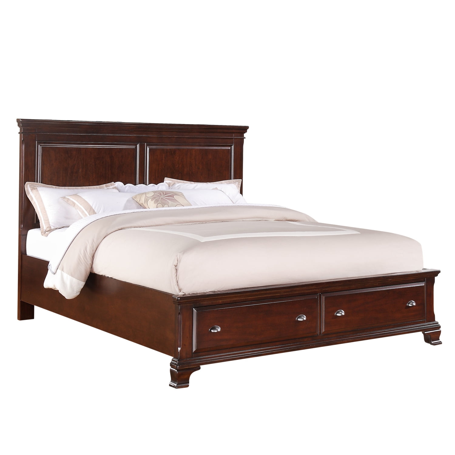 Traditional King-Sized Pine Wood Storage Bed with Upholstered Headboard in Brown