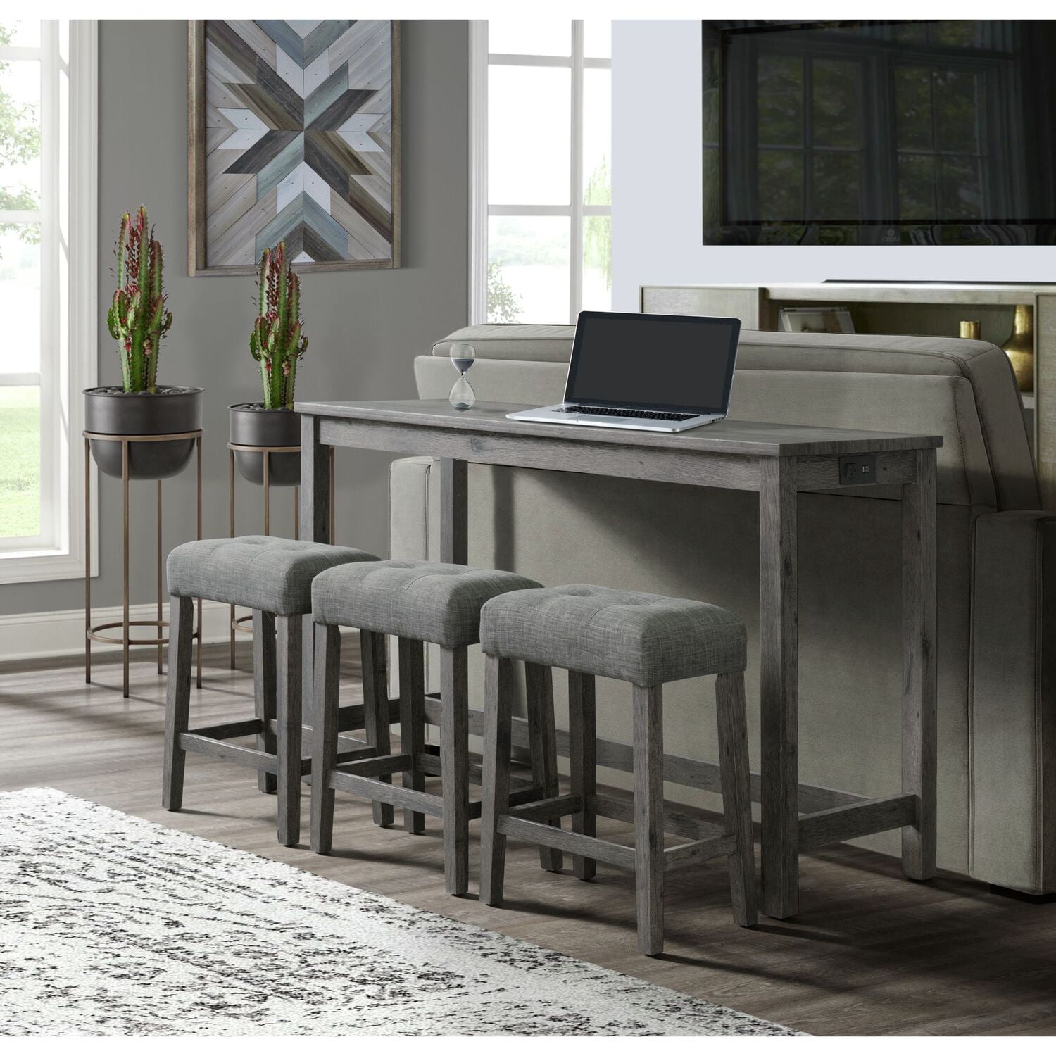 Charcoal Gray Wood Bar Table Set with 4 Upholstered Stools