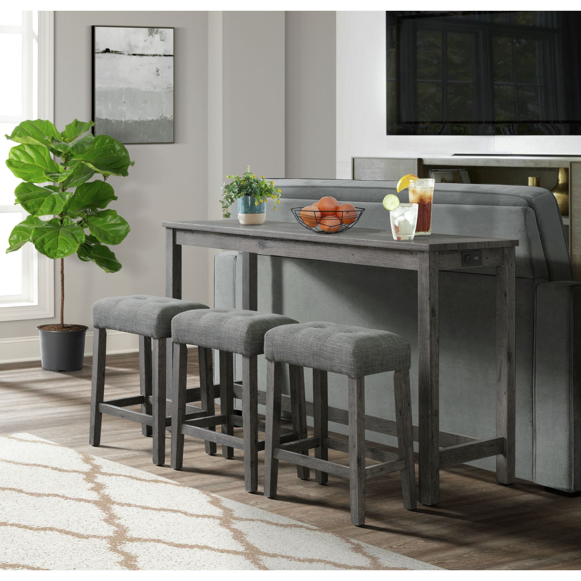 Charcoal Gray Wood Bar Table Set with 4 Upholstered Stools