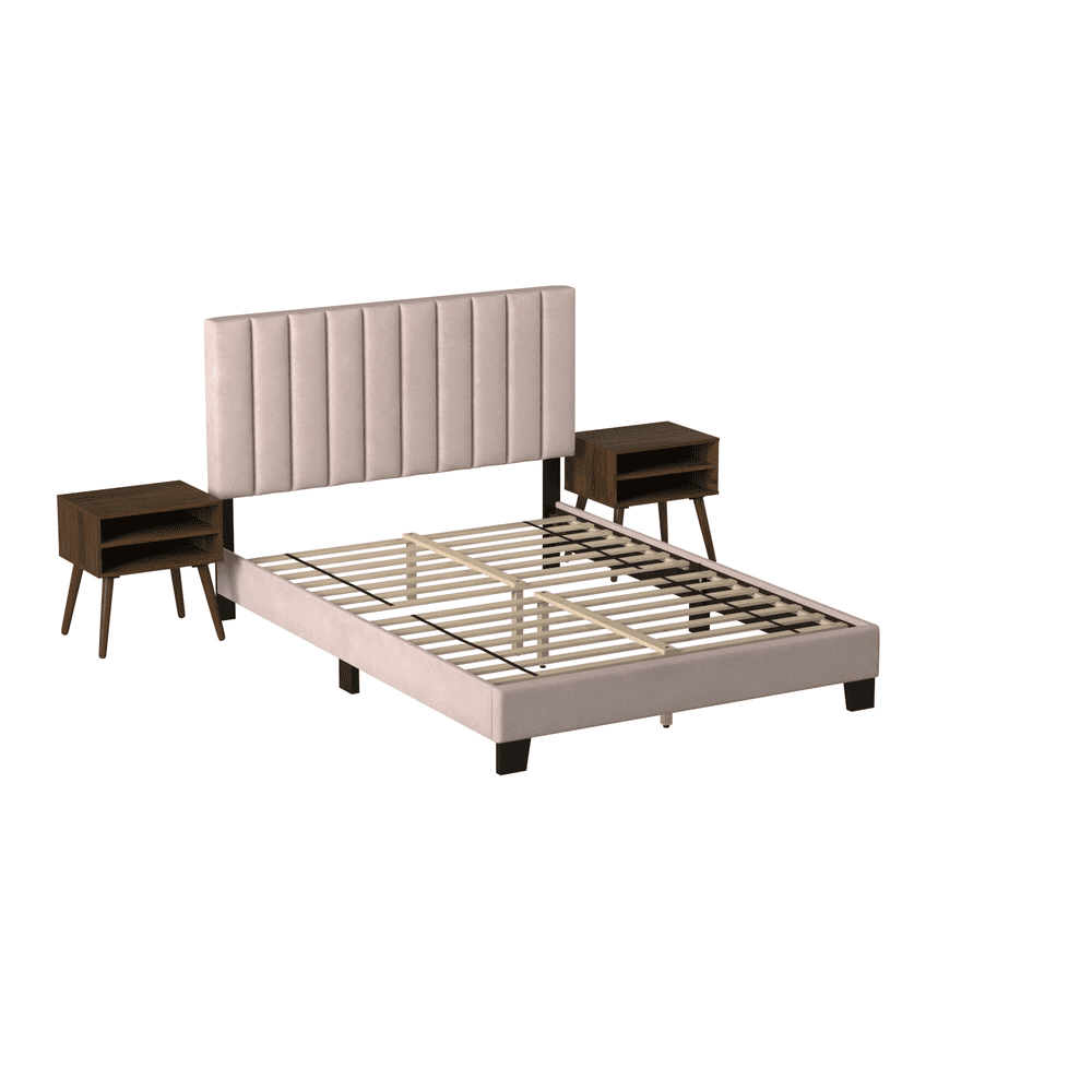 Blush Pink Contemporary Queen Upholstered Platform Bed with Nightstands