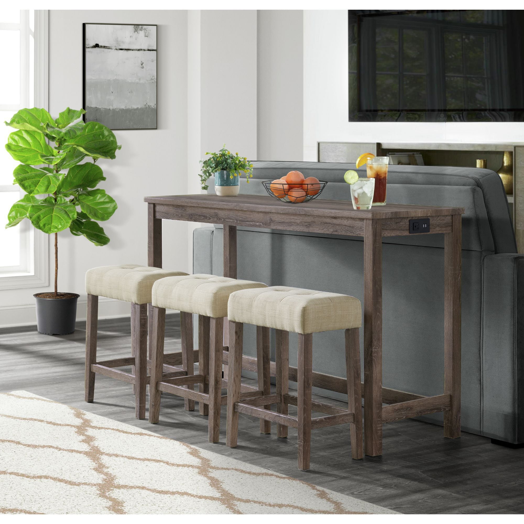 Gray Oak Transitional Rectangular Bar Table Set with Upholstered Stools