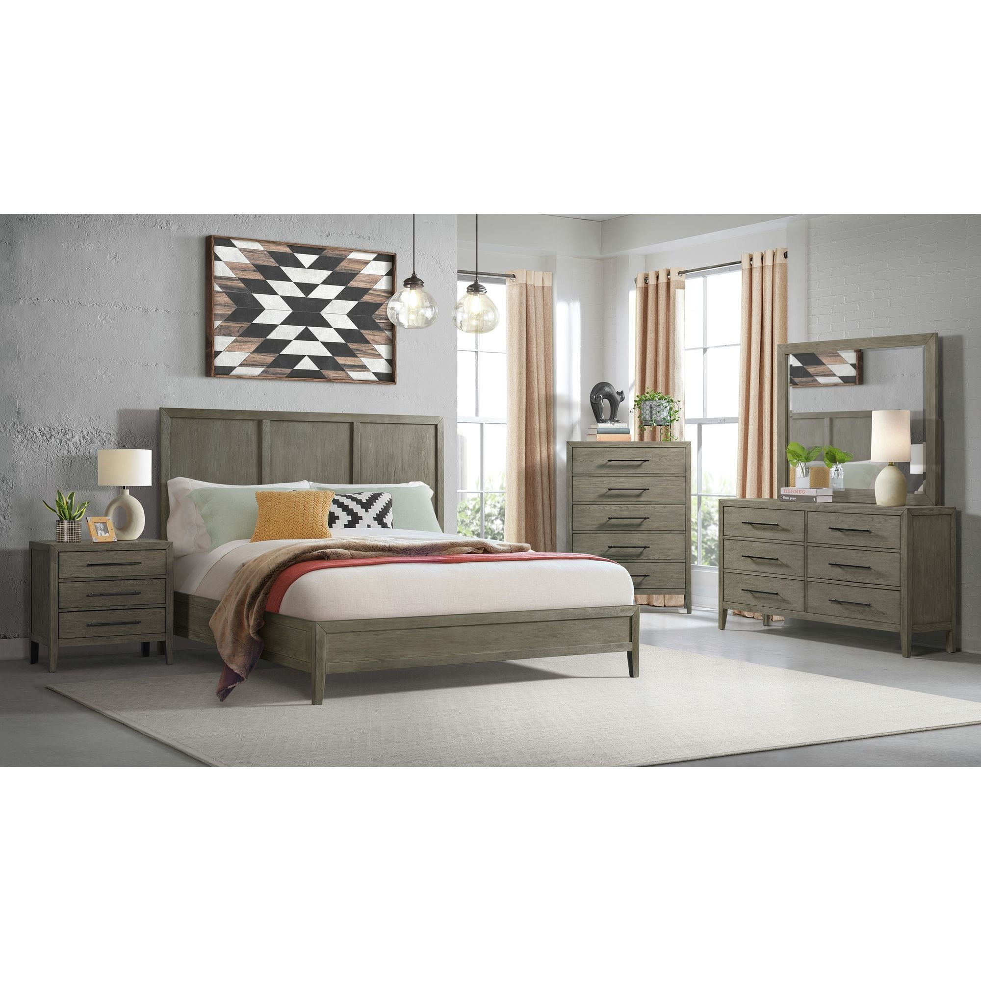 Dark Gray Oak Queen Bed with High-Profile Headboard