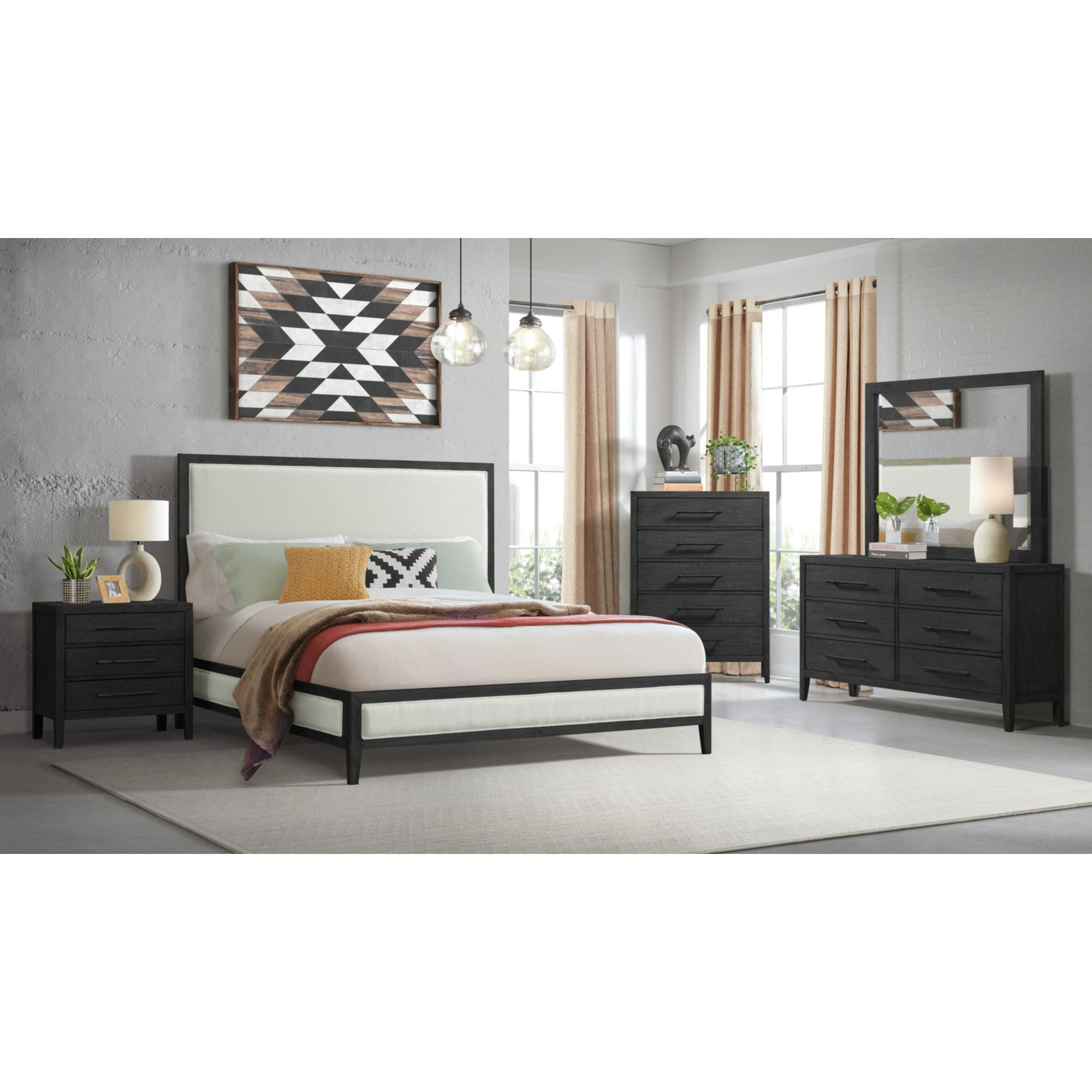 Black and White Queen Upholstered Wood Frame Bed with Headboard
